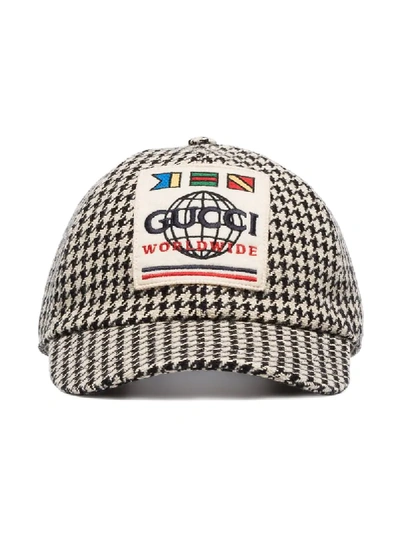 Gucci Worldwide Logo-patch Houndstooth Cap In Black