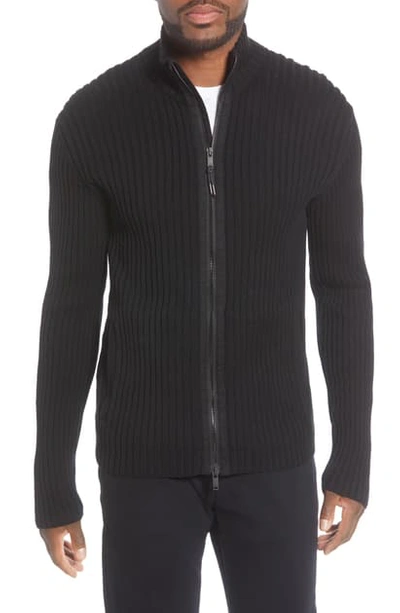 John Varvatos Lincoln Ribbed Zip Front Mercerized Cotton Sweater In Black