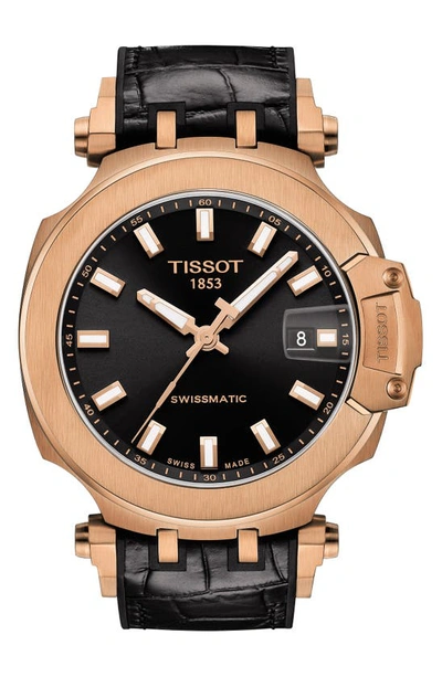Tissot T-sport Automatic Leather Strap Watch, 48mm In Black