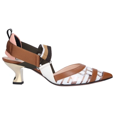 Fendi Slingback Pumps Colibri Calfskin Fabric Mix Logo Brown-combo In Brown,white