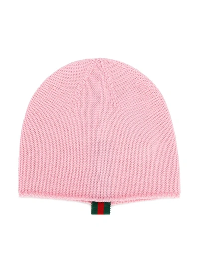 Gucci Babies' Web-detailed Knitted Beanie In Pink