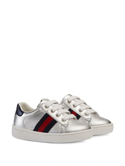 Gucci New Ace Metallic Leather Web Sneakers, Toddler/kids In Silver