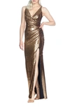 Dress The Population Jordan Ruched Mermaid Gown In Gold