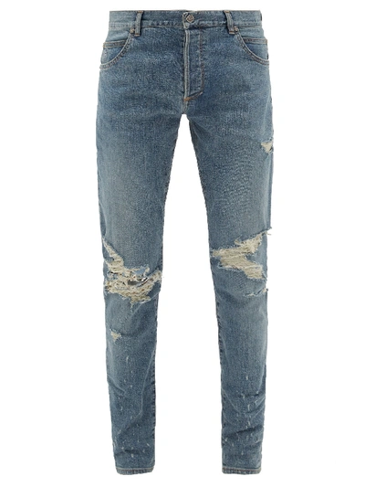 Balmain Distressed Slim-leg Cotton-blend Jeans In Blue