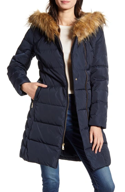 Cole Haan Feather & Down Puffer Jacket With Faux Fur Trim In Navy