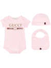 Gucci Babies' Logo Print Romper, Beanie And Bib Set In Pink
