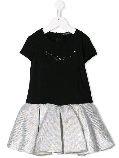 Balmain Kids' Ruffled Logo Dress In Black/silver