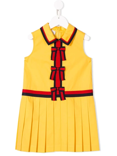 Gucci Kids' Bow Trim Pleated Dress In Yellow