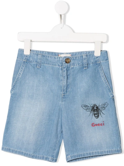 Gucci Kids' Bee Print Denim Shorts In Blue