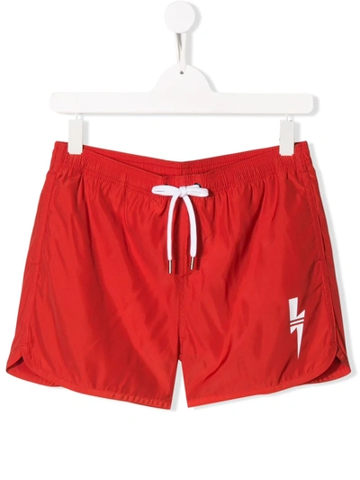 Neil Barrett Teen Classic Nylon Swim Shorts In Red