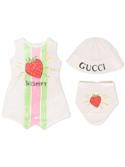 Gucci Kids' Strawberry Print Playsuit In Neutrals