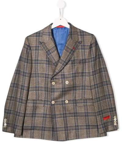 Isaia Kids' Plaid Twill Blazer In Brown