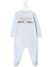 Gucci Logo Print Babygrow In Blue