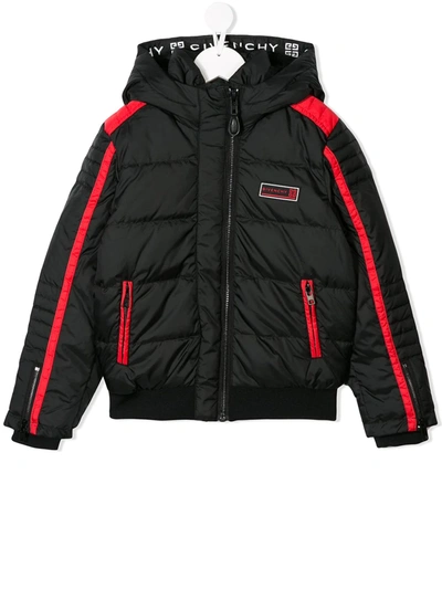 Givenchy Kids' Red Trim Padded Hooded Jacket In Nero