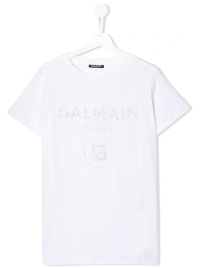 Balmain Kids' 对比logo T恤 In Bianco-argento