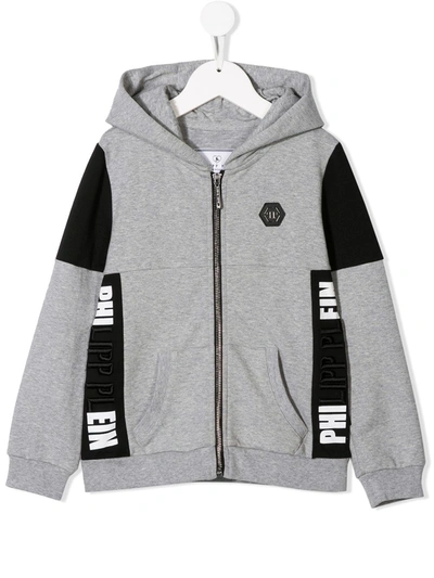 Philipp Plein Junior Kids' Statement Logo Zip Front Hoodie In Grey