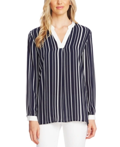 Vince Camuto Plain View Stripe Split Neck Top In Caviar