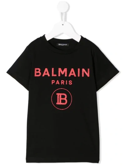 Balmain Kids' Logo Print T-shirt In Nero/rosso