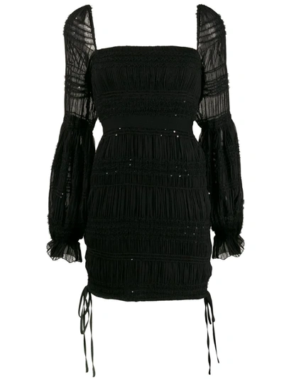 Self-portrait Shirred Sequin Long Sleeve Minidress In Black
