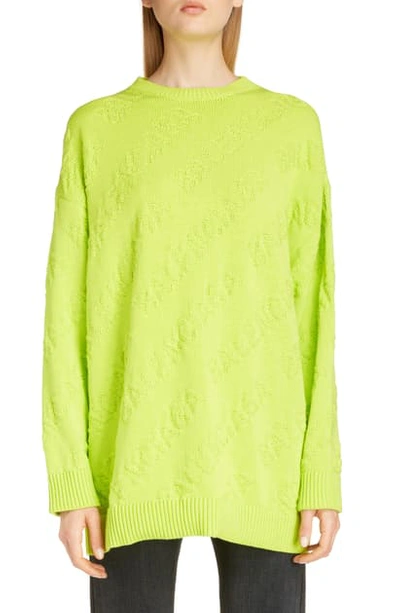 Balenciaga Tonal Logo Jacquard Cotton Sweater In Lime
