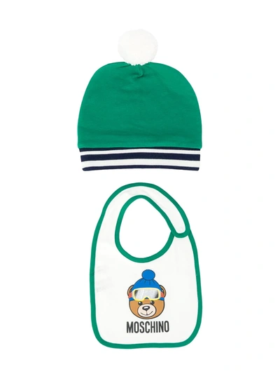 Moschino Babies' Teddy Hat And Bib Set In Green