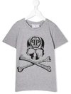 Philipp Plein Junior Kids' Skull And Crossbones Crystal Embellished T-shirt In Grey