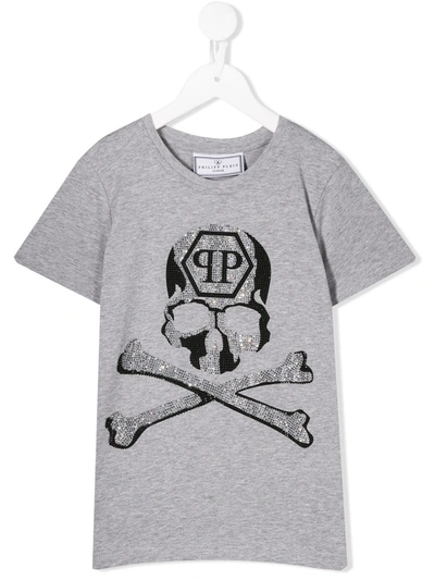 Philipp Plein Junior Kids' Skull And Crossbones Crystal Embellished T-shirt In Grey