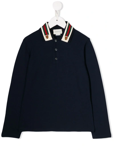 Gucci Kids' Web Collar Polo Shirt In Blue