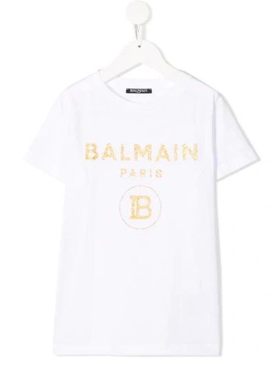Balmain Teen Glitter Logo T-shirt In White