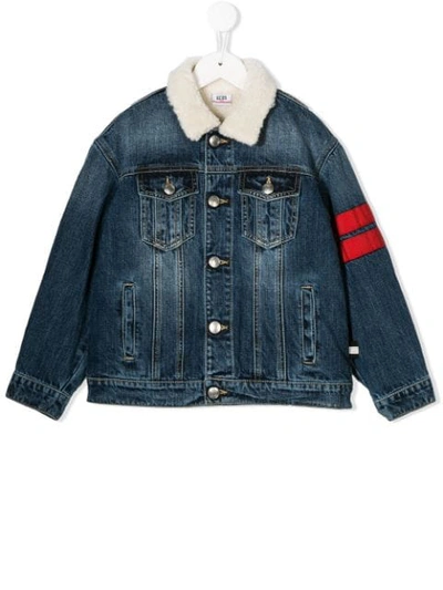 Gcds Teen Shearling Collar Denim Jacket In Blue