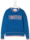Alberta Ferretti Teen "tomorrow" Glitter Embellished Crewneck Sweater In Bluette