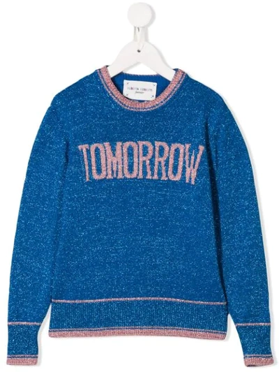 Alberta Ferretti Teen "tomorrow" Glitter Embellished Crewneck Sweater In Bluette