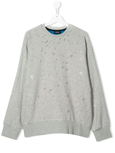 Diesel Teen Distressed Crew Neck Sweatshirt In Grey