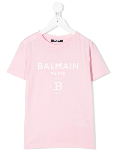 Balmain Kids' Crew Neck Central Logo Printed Cotton T-shirt In Pink