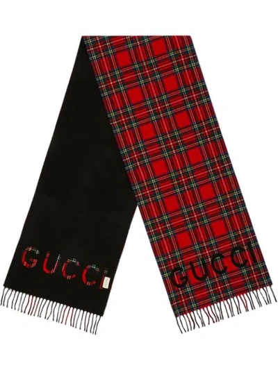 Gucci Logo-print Checked Wool And Cashmere-blend Scarf In Red