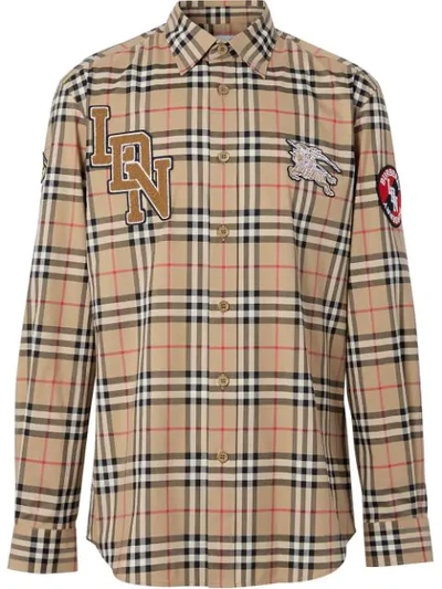 Burberry Check Print Poplin Combe Shirt W/patches In Neutrals