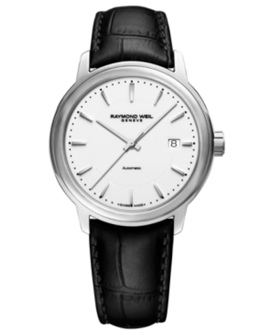 Raymond Weil Men's Swiss Automatic Maestro Black Leather Strap Watch 40mm In White/black