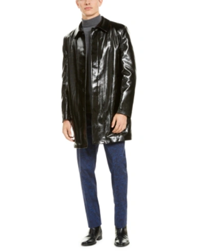Tallia Men's Slim-fit Black Shiny Raincoat With Leopard Print Faux Fur Lining