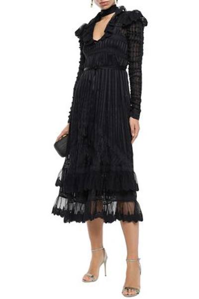 Zimmermann Tempest Flutter Embroidered Tulle-paneled Striped Burnout Silk Midi Dress In Navy