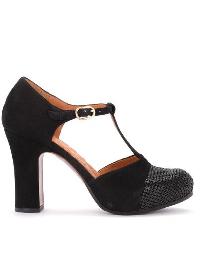 Chie Mihara Heeled Shoe In Black Suede With Micropaillettes Pattern In Nero