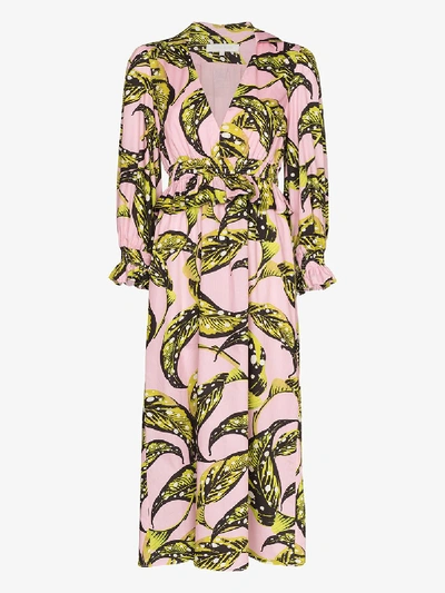 Borgo De Nor Christine Ruffled Leaf Print Midi Dress In Pink