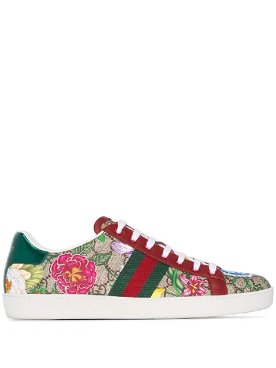 Gucci Multicoloured New Ace Floral Sneakers In Brown