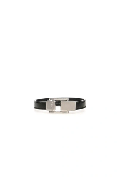 Saint Laurent Leather Ysl Bracelet In Black,silver