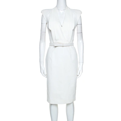 Pre-owned Alexander Mcqueen White Cotton Pleated Neck Detail Belted Dress S