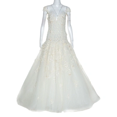 Pre-owned Zuhair Murad Mariage White Embroidered Embellished Tulle Wedding Gown M