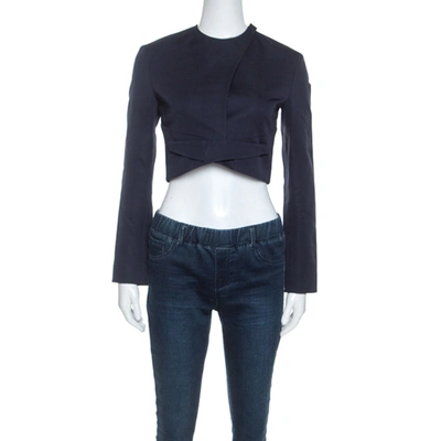Pre-owned Dior Navy Blue Crepe Overlap Buttoned Cropped Blazer S