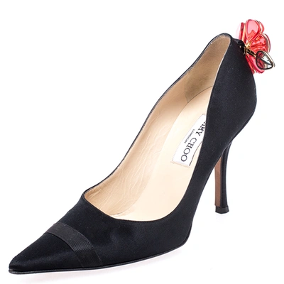 Pre-owned Jimmy Choo Black Satin Plastic Flower Clip Pointed Toe Pumps Size 37