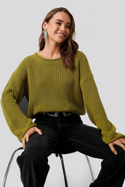 Na-kd Cropped Boat Neck Knitted Sweater - Green In Olive Green