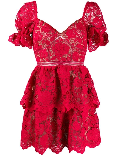 Self-portrait Ruschia Floral Lace Puff Sleeve Minidress In Red