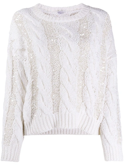 Brunello Cucinelli Sequin-embellished Cable-knit Jute-blend Sweater In White